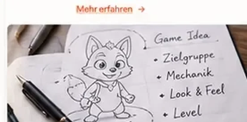 Game-Design-Skizze mit Fuchscharakter, Zielgruppe und Spielmechanik
