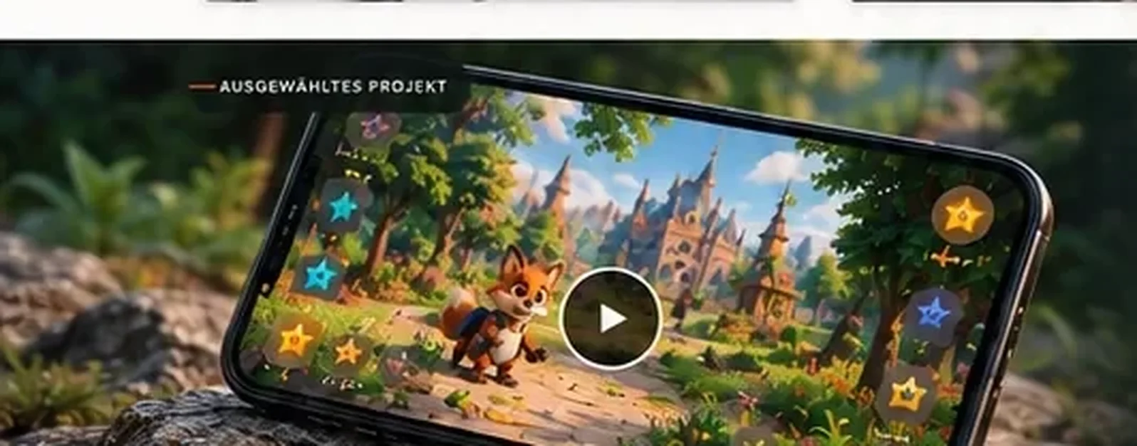 Smartphone mit Mobile-Game-Szene und Missionssymbolen